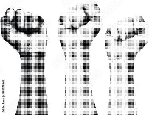 Three fists raised in solidarity, symbol of protest and power, halftone dot pattern, isolated on transparent background.