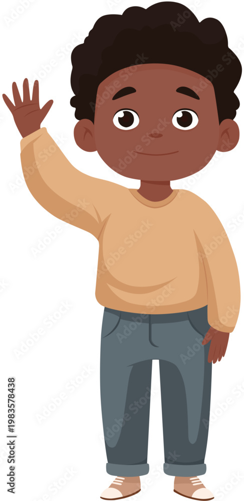 Fototapeta premium Cartoon Black Child Wearing Sweater Waving Illustration
