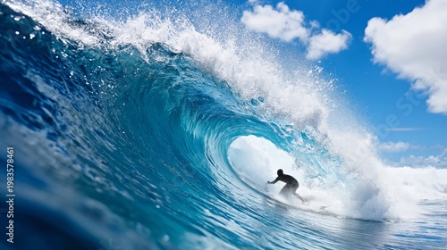 Surfer Rides a Large Wave on a Sunny Day at the Ocean
