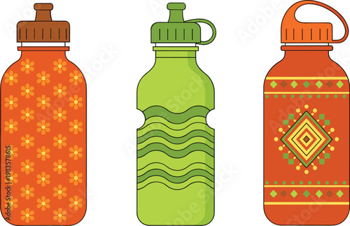 Reusable water bottles set eco friendly hydration containers vector illustration colorful drink flasks collection sustainable design