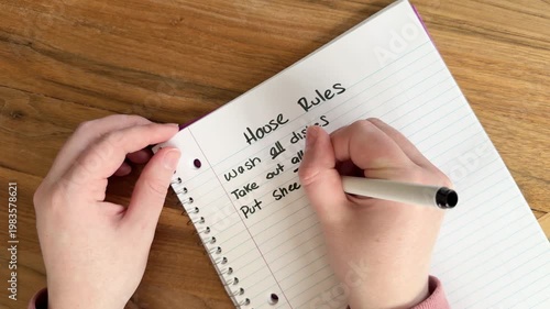 Close up of hands writing house rules on lined notebook paper with cleaning tasks listed, short term rental and guest guidelines concept, natural light overhead shot on wooden table, 4K video