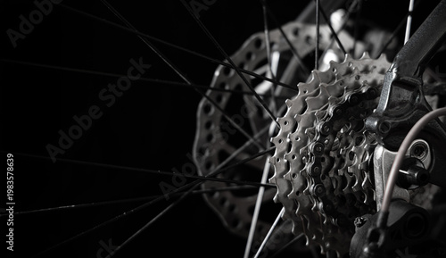 Photography Close-up of bicycle rear cassette and chain with visible spokes on black background