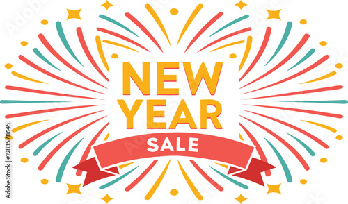 Vibrant new year sale banner with colorful exploding fireworks and ribbon