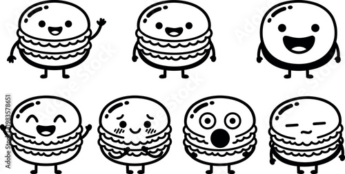 Black and white kawaii hamburger faces with varied emotion expressions line art