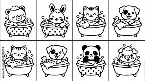 Cute animals bathing with rubber duckies in polka dot and plain tubs