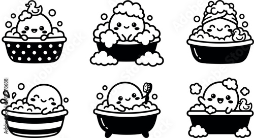 Cute bubbly characters taking bath with rubber ducks and soap bubbles black and white line art