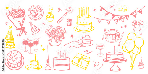 Birthday celebration hand drawn set illustrations in pink and yellow