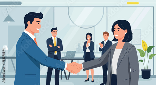 Business handshake, office greeting, professional agreement, corporate partnership