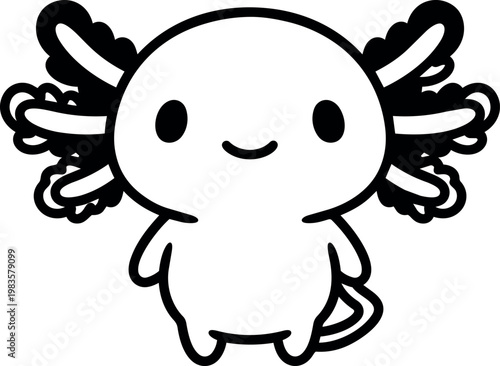 Cute axolotl character vector art black and white line drawing