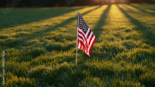Small American Flag Stands on Green Grass in a Field During Sunset With Long ...