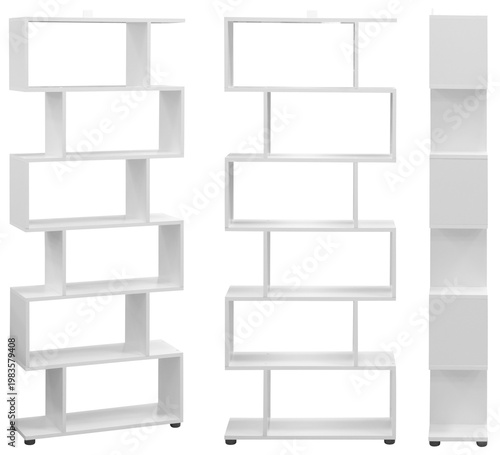Real modern shelving unit, photographed in studio and isolated on white or transparent background