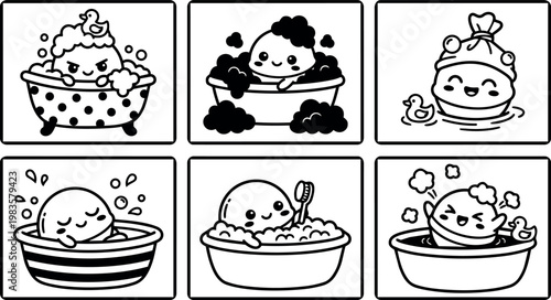 Cute cartoon characters bathing with bubbles and rubber ducks in black and white line art