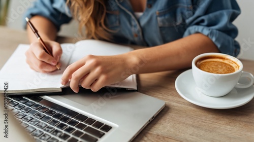 Person Typing on a Laptop With a Notepad and Coffee Cup on the Table