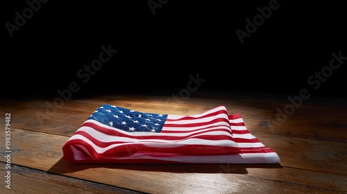 United States Flag Folded on Wooden Surface With Lighting Focusing on Design