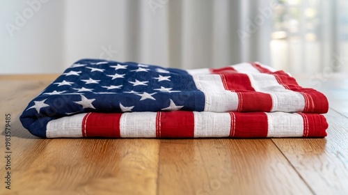 United States Flag Folded on Wooden Surface With Lighting Focusing on Design