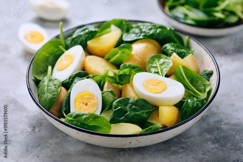 Green Salad With Boiled Eggs and Potatoes Served in a Clear Bowl on a Wooden ...