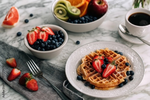 Waffle Topped With Berries and Served With Fruit Bowl and Coffee at a Table i...