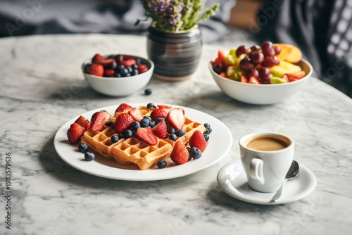 Enjoying Breakfast With Waffles, Fruit, and Coffee at a Cozy Table in a Caf