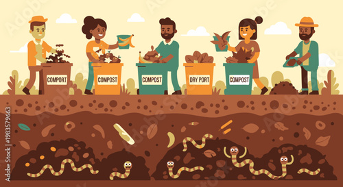 People composting with worms outdoors together.