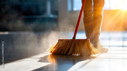 Sweeping the Floor During Late Afternoon Light in a Clean Indoor Space