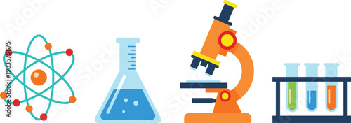 Science lab equipment set microscope flask atom test tubes vector illustration education research chemistry collection design