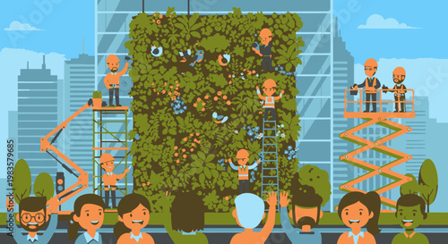 people working on a green wall.