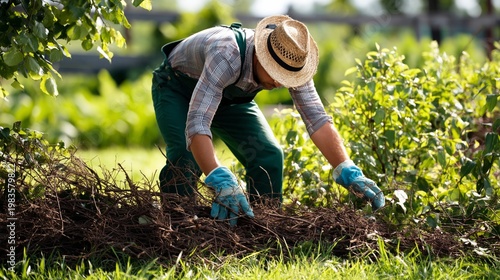 Gardener Working in a Garden During the Day in a Sunny Setting With Greenery ...