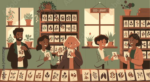 Diverse group of people in library.