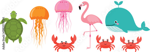 Sea animals set turtle jellyfish crab flamingo whale vector illustration cute marine life collection design elements