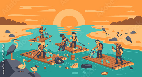 people on rafts in polluted river.