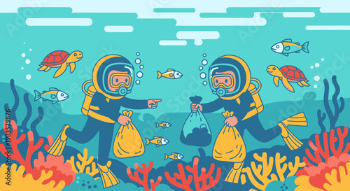 Scuba divers collecting trash in ocean.