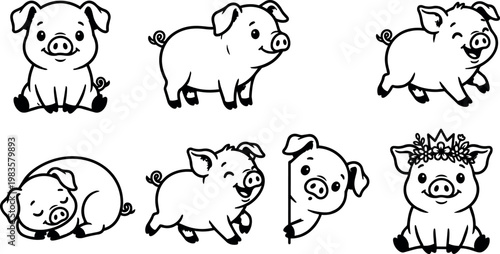 Cute black and white piglet line art set with various poses and floral crown