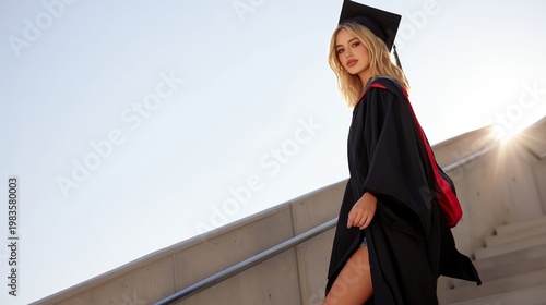 Graduate Stands Proud at Sunset During Commencement Ceremony in a Scenic Outd...