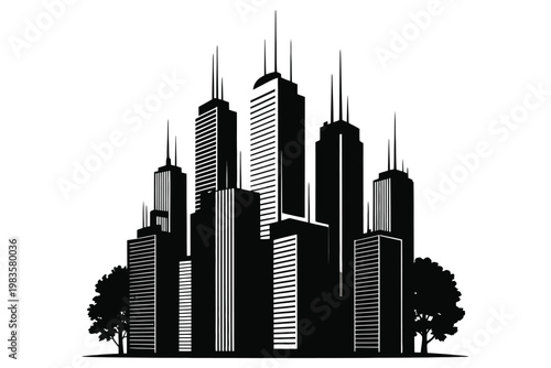 Cityscape silhouette with modern skyscrapers and trees, urban skyline background, metropolitan architecture, business district view, city life illustration