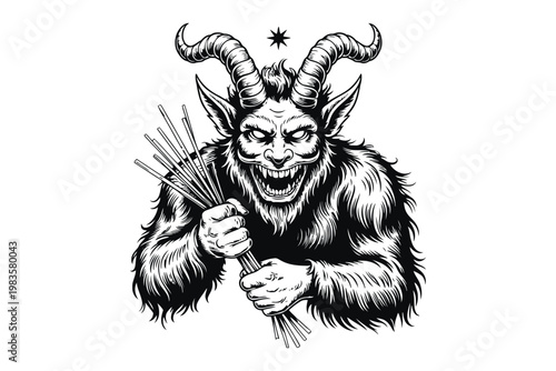 Black and white of a horned creature holding a bundle of sticks goat-like devil mythical