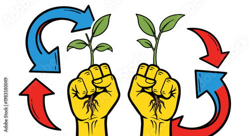 Hands holding green plant sprouts with recycling arrows.