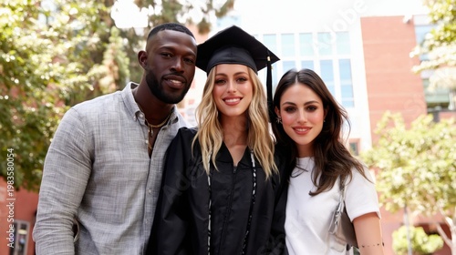 Two Friends Celebrate Graduation at Outdoor Ceremony in Bright Sunlight