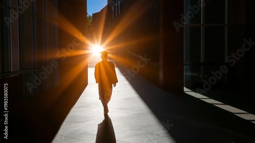 Graduate Walks Toward Sunlight in Campus Hallway During Commencement Day at U...