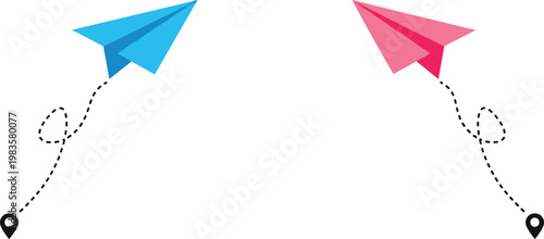 Paper airplane route path navigation set vector illustration travel direction map pin journey concept design elements