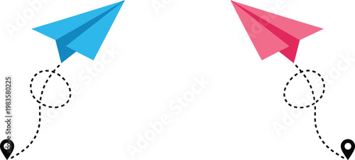 Paper airplane route path navigation set vector illustration travel direction map pin journey concept design