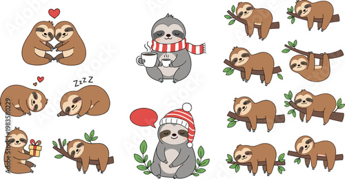 Set of Cute Cartoon Sloths in Various Poses, Sleeping, Hanging, and Celebrating for Animal, Nature, and Relaxation Designs