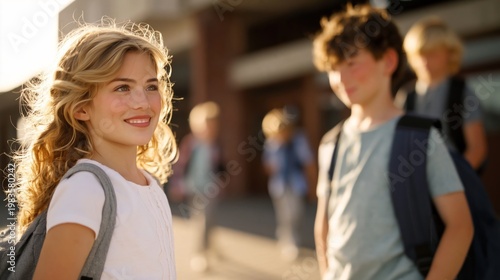 Children Interact Outside School Building During Afternoon Sunlight