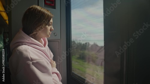 Young white woman on train window, wearing pink hoodie, pensive gaze, reflection on glass, passing rural landscape, soft sunlight