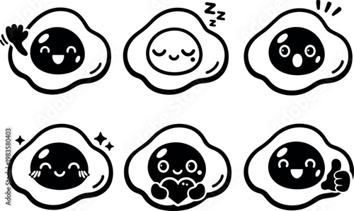 Black and white cute egg yolk characters with happy playful expressions vector art