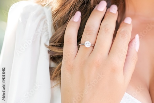 Engagement Ring Displayed on Hand Outdoors With Soft Light and Neutral Backgr...