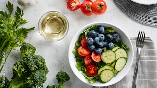 Fresh Salad With Vegetables and Fruit on a Table With Wine Glass in Kitchen S...