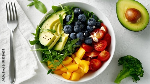 Colorful Salad Bowl With Fresh Ingredients on a White Table
