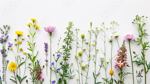 Minimal botanical composition with wildflowers on white background clean floral design