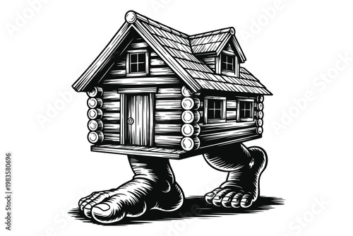 Black and white of a log cabin house on giant human legs giant legs whimsical