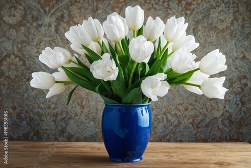 White Tulips in a Blue Vase on a Wooden Table Against a Dark Patterned Backgr...